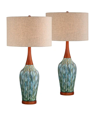 Rocco Mid Century Modern Table Lamps 30" Tall Set of 2 Blue Teal Glaze Ceramic Cherry Wood Tan Fabric Drum Shade for Bedroom Living Room Bedside