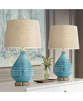 Kayley 24" High Small Mid Century Modern Coastal Table Lamps Set of 2 Blue Ceramic Linen Shade Living Room Bedroom Bedside Nightstand House Offic