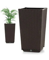 Outdoor Wicker Flower Pot Set of 2 with Drainage Hole for Porch Balcony-Brown