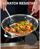 Cooks Standard 12-Inch Hybrid Nonstick Wok with Tempered Glass Lid, Multi-Ply Clad Stainless Steel Flat Bottom Wok Stit Fry Pan, Oven Safe, Induction
