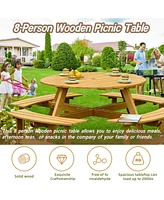 70 in. Natural Light Brown wood 8-Person Round Wooden Outdoor Picnic Table with 4 Built-in Benches and Umbrella Hole