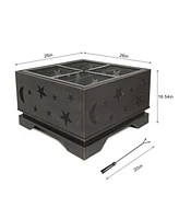 26 in.Outdoor Square Wood-Burning Fire Pit Table with Grill and Poker, Large Burning Space Fireplace for Picnic Bonfires