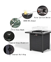 28 in. Propane Fire Pit Table, Rattan and Wicker,50000 Btu, Tempered with Glass Windscreen