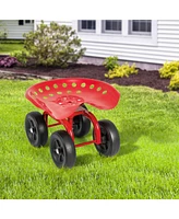 Garden Rolling Workseat with 360° Swivel Seat and Adjustable Height-Red