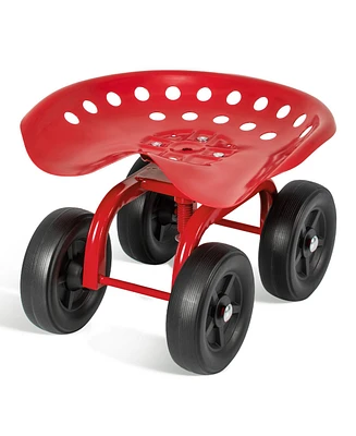 Garden Rolling Workseat with 360° Swivel Seat and Adjustable Height-Red