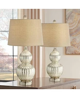 Lili Table Lamps 25" High Set of 2 Fluted Mercury Glass Brushed Silver Metal Double Gourd Drum Shade Decor for Living Room Bedroom House Bedside