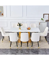 Snow Mountain Dining Set: 71" Table, Gold Legs & 8 White Pu Chairs