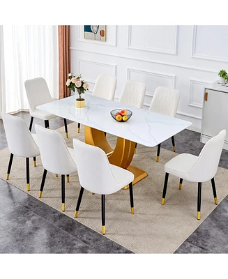 Snow Mountain Dining Set: 71" Table, Gold Legs & 8 White Pu Chairs