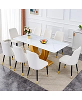Snow Mountain Dining Set: 71" Table, Gold Legs & 8 White Pu Chairs
