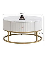 31.5" Round Coffee Table w/ Drawers, Faux Marble Top