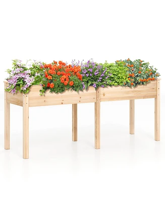 Fir Wood Outdoor Raised Garden Bed with Divider Panel and Drainage Holes