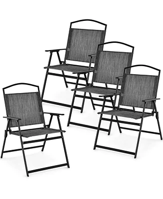 Patio Folding Chairs Set of 4 with Cozy Seat Fabric and Heavy-Duty Metal Frame-Gray