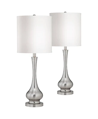 32" Tall Gourd Large Modern End Table Lamps Set of 2 Silver Brushed Steel Finish Metal White Shade Living Room Bedroom Bedside Nightstand House O