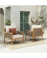 Woven Outdoor Lounge Chairs - Wood Frame & Cushions (Set of 2)