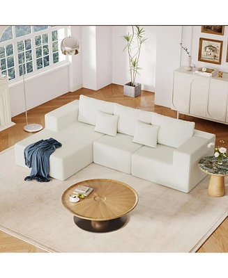 Beige Corduroy Sectional Sofa with Chaise Lounge