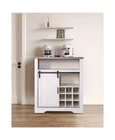Barn Door Cabinet, Wine Shelf, Rustic Oak/White