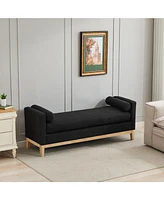 Black Boucle Upholstered Bench/Daybed with Wood Legs & Pillows