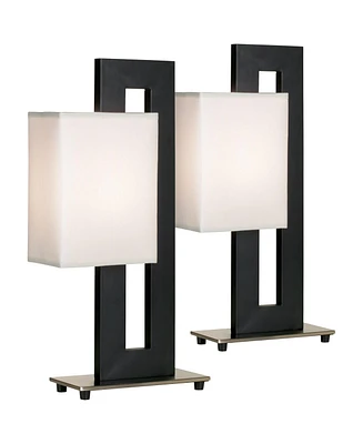 Floating Square 20 1/2" High Small Modern Accent Table Lamps Set of 2 Pull Chain Black Finish White Shade Living Room Bedroom Bedside Nightstand