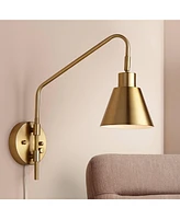 Marybel Modern Adjustable Swing Arm Wall Lamps Set of 2 Brass Gold Plug-In Light Fixture Tapered Cone Metal Shade for Bedroom Bedside House Reading Li