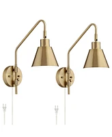 Marybel Modern Adjustable Swing Arm Wall Lamps Set of 2 Brass Gold Plug-In Light Fixture Tapered Cone Metal Shade for Bedroom Bedside House Reading Li