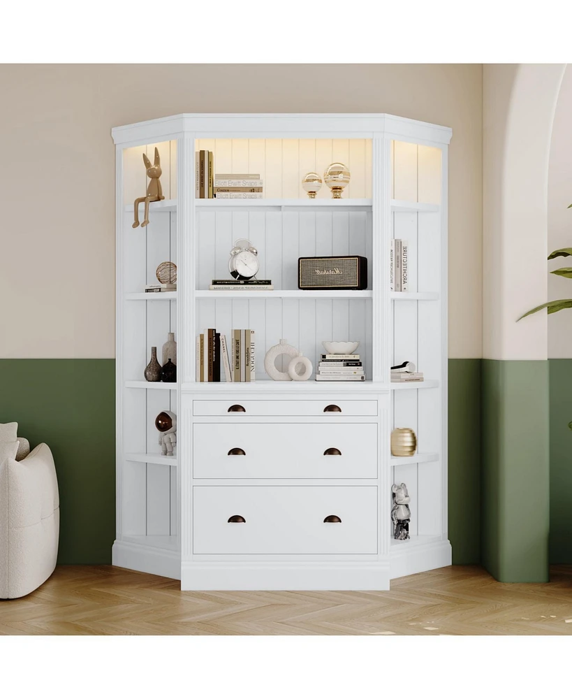 Tall Bookshelf Suite with Led Lighting, Corner Shelves, and Drawers