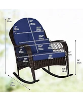 Patio Rattan Rocking Chair with Seat Back Cushions and Waist Pillow-Navy