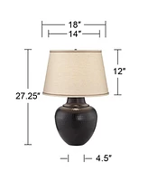 Brighton Rustic Traditional Farmhouse Table Lamps 27.25" Tall Set of 2 Hammered Bronze Metal Pot Beige Fabric Drum Shade for Living Room Bedroom