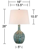 26" High Gourd Mid Century Modern Coastal Table Lamps Set of 2 Teal Ceramic Fabric White Shade Living Room Bedroom Bedside Nightstand House Offic