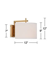 Adair Mid Century Modern Wall Lamps Set of 2 Warm Brass Gold Metal Plug-In 12" Fixture Linen Drum Shade for Bedroom Bedside House Reading Living