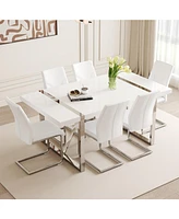 71" White Dining Table Set with 6 Pu Chairs