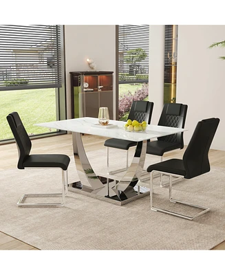Modern Glass Dining Set: Marble Top Table & Pu Chairs