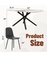 White Marble Dining Set: 63" Table & Black Pu Chairs
