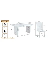 White Marble Dining Set - 6 Pu Chairs, Silver Legs