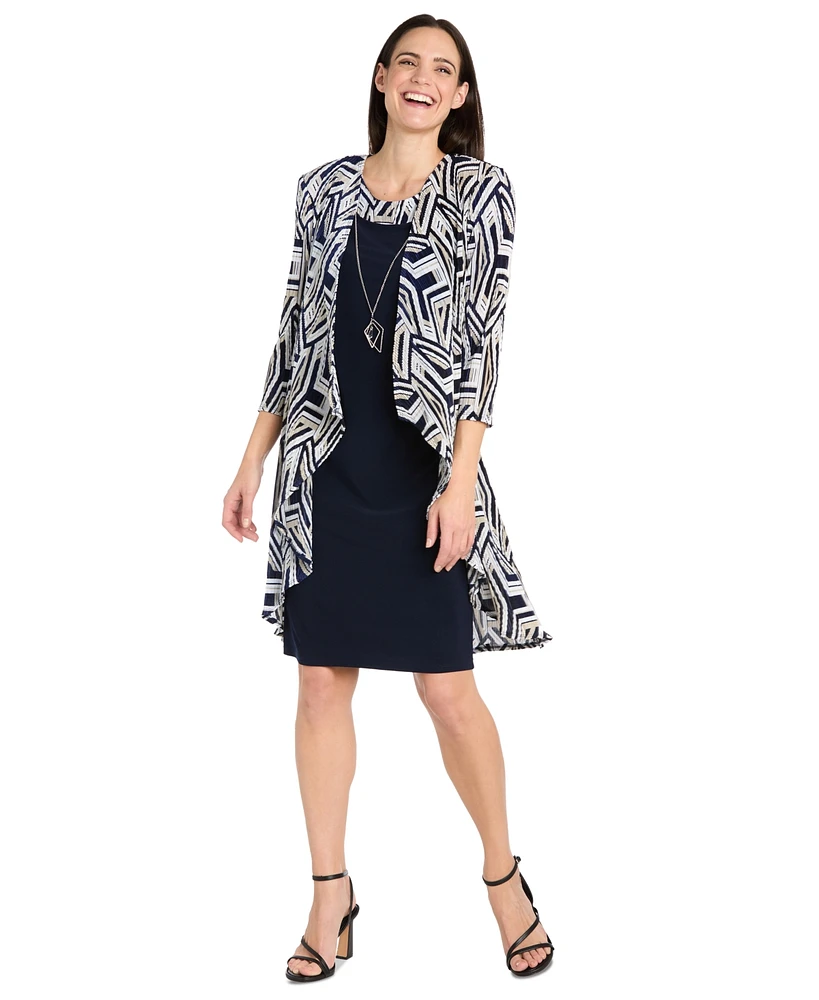 R & M Richards Women's Geo Printed Crinkle Jacket and Necklace Dress Set