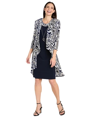 R & M Richards Women's Geo Printed Crinkle Jacket and Necklace Dress Set