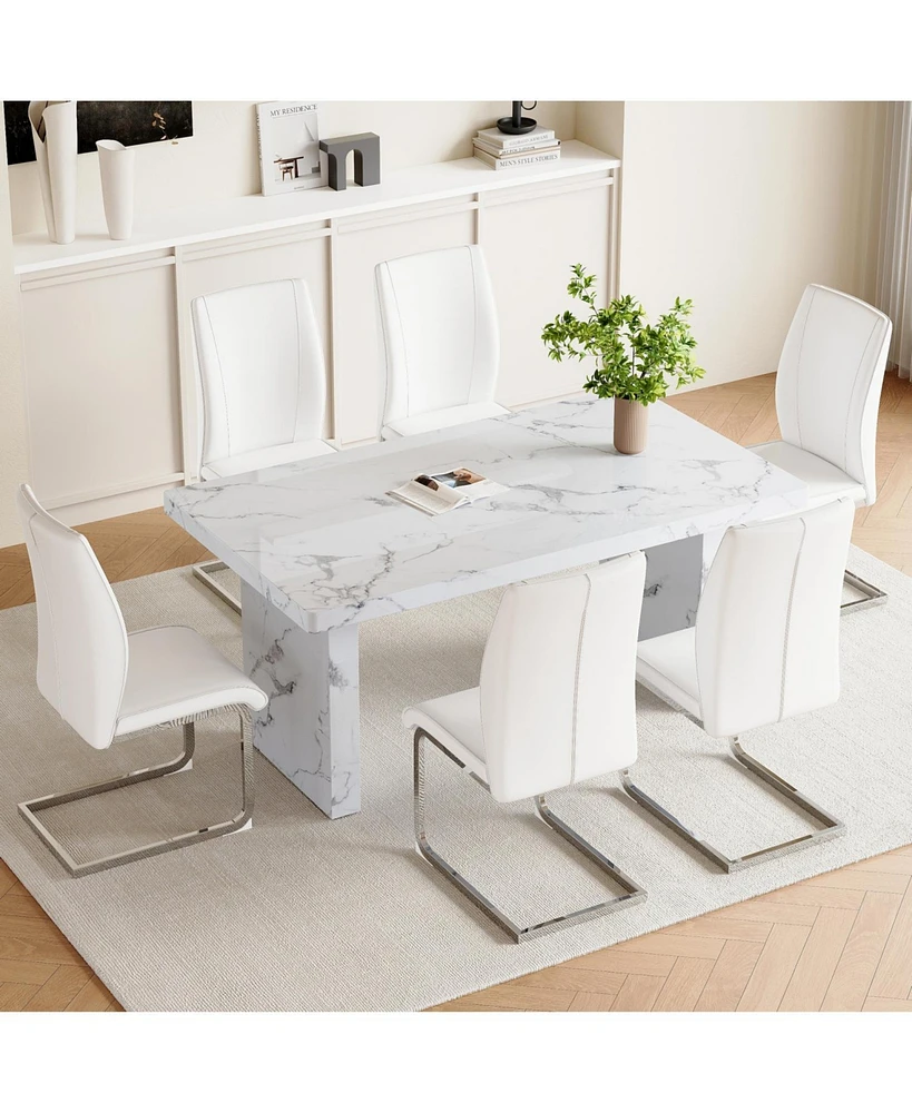 White Marble Dining Set - 6 Pu Chairs, Silver Legs