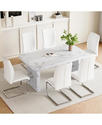 White Marble Dining Set - 6 Pu Chairs, Silver Legs