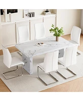 White Marble Dining Set - 6 Pu Chairs, Silver Legs