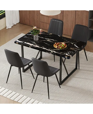Black Marble Dining Set - 55" Table & 4 Pu Chairs