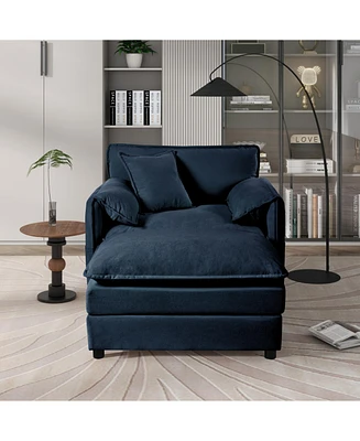 Oversized Recliner Chair with Ottoman - Blue Chenille