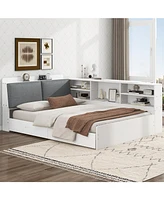 Wood Full Size platform bed with Storage Headboard, Shelves and 2 Drawers, White