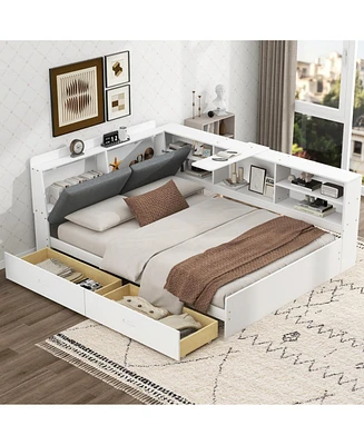 Wood Full Size platform bed with Storage Headboard, Shelves and 2 Drawers, White