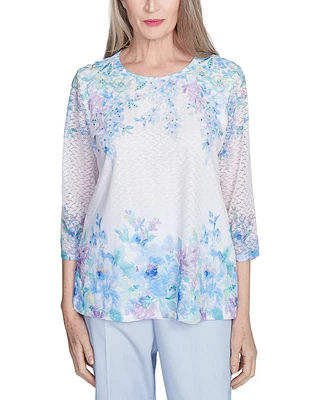 Alfred Dunner Petite Placed-Floral 3/4-Sleeve Top