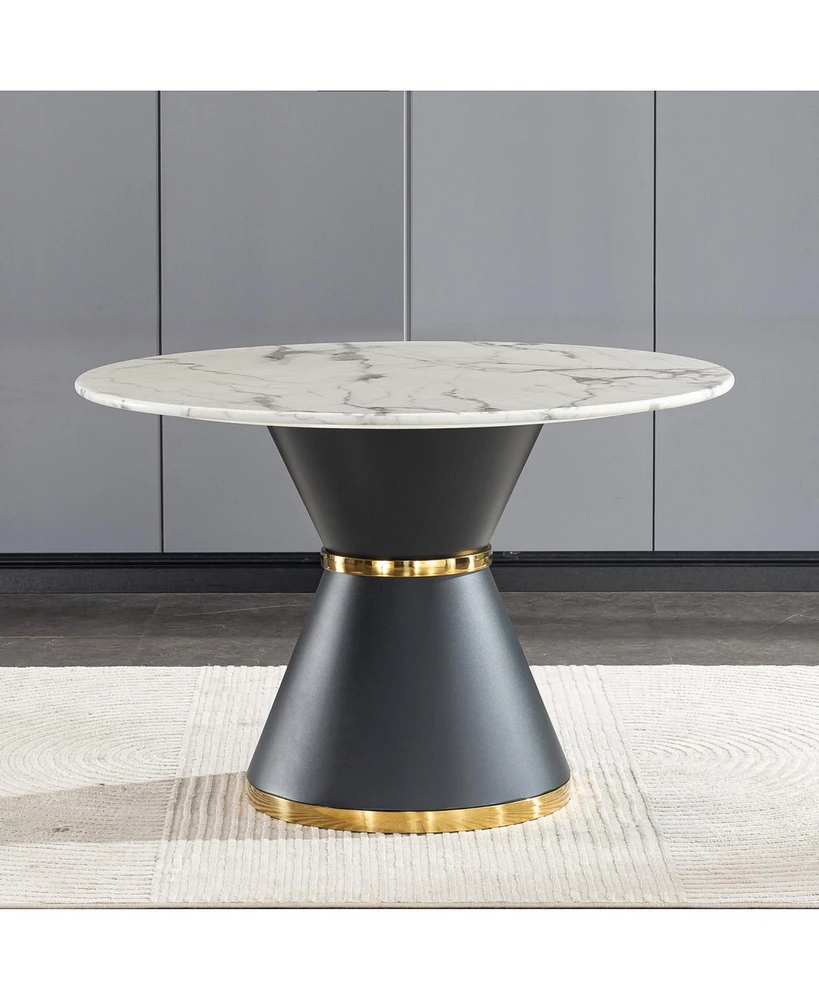 White Marble Print Round Table, Black/Gold Base (No Chairs)