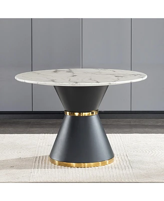 White Marble Print Round Table, Black/Gold Base (No Chairs)