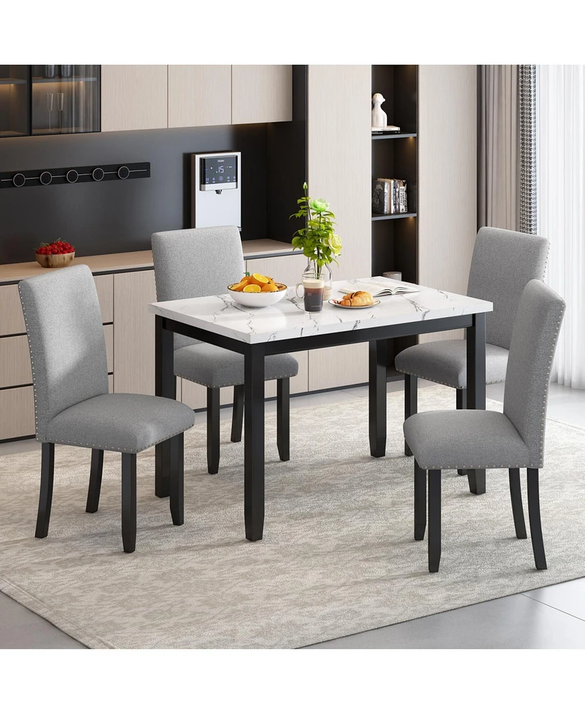 Faux Marble 5-Piece Dining Set Table with 4 Thicken Cushion Chairs Home Furniture, White/Light Gray+Black