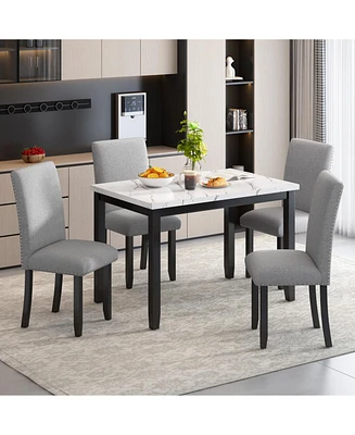 Faux Marble 5-Piece Dining Set Table with 4 Thicken Cushion Chairs Home Furniture, White/Light Gray+Black