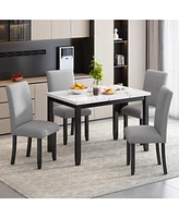 Faux Marble 5-Piece Dining Set Table with 4 Thicken Cushion Chairs Home Furniture, White/Light Gray+Black