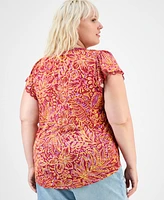 Democracy Trendy Plus Printed Flutter-Sleeve Top