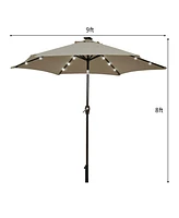 9 Feet Solar Led Lighted Patio Market Umbrella Tilt Adjustment Crank Lift-Tan